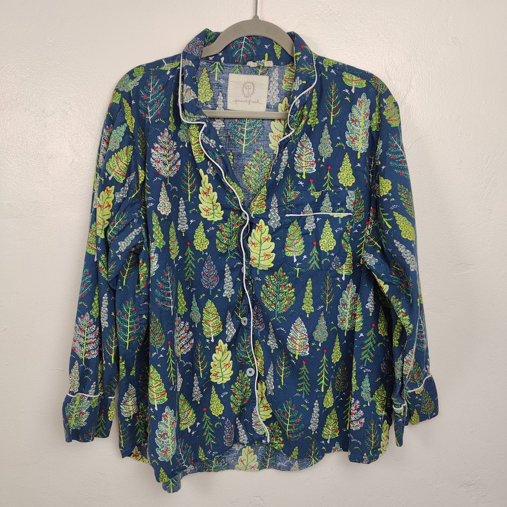 Printfresh Pajama Top Womens Plus Size 1X Blue Twinkling Trees Organic‎ Cotton - Picture 2 of 7